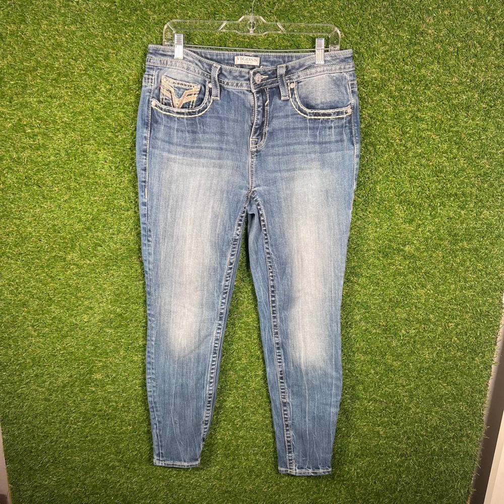 Vigoss Womens Skinny Jeans Size 12 Medium Wash Embroidered Pockets Stretch Blue